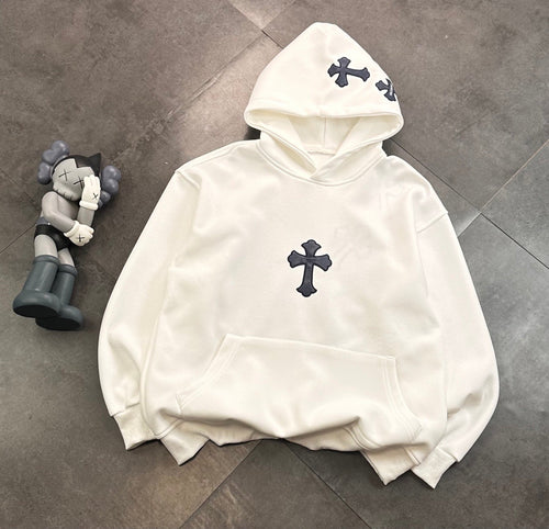 CHROME HEARTS BLACK CROSS PATCH HOODIE WHITE