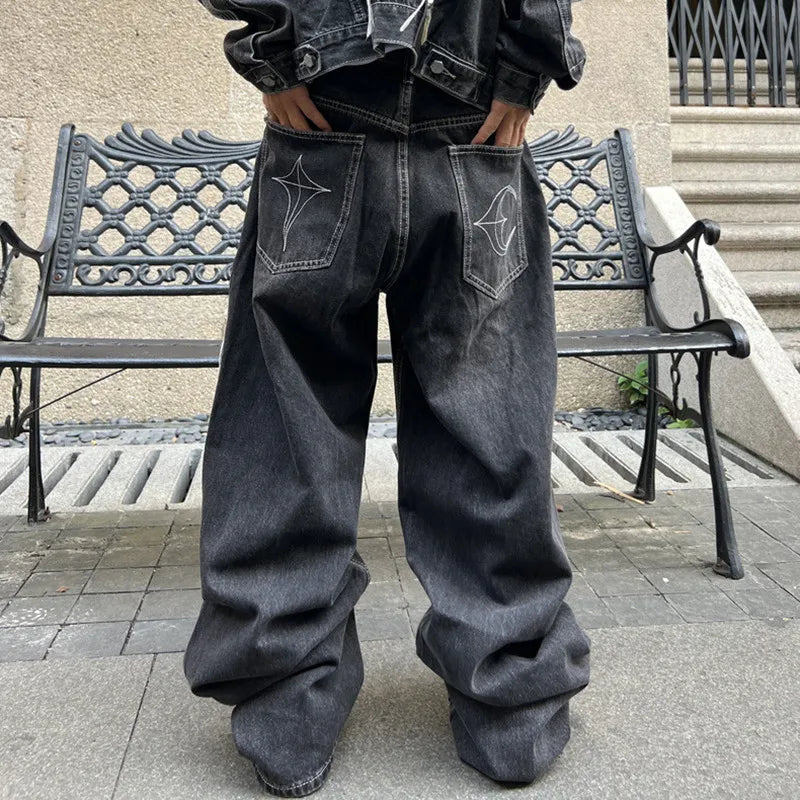 Cyber Embroidery Stacked Baggy Jeans