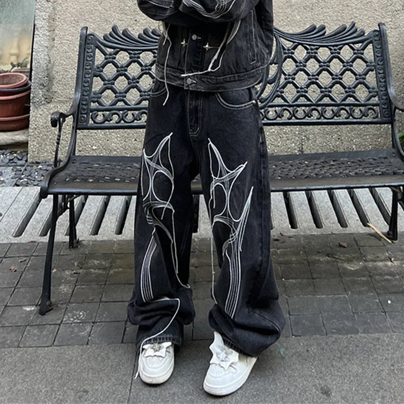 Cyber Embroidery Stacked Baggy Jeans