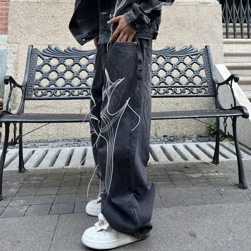 Cyber Embroidery Stacked Baggy Jeans