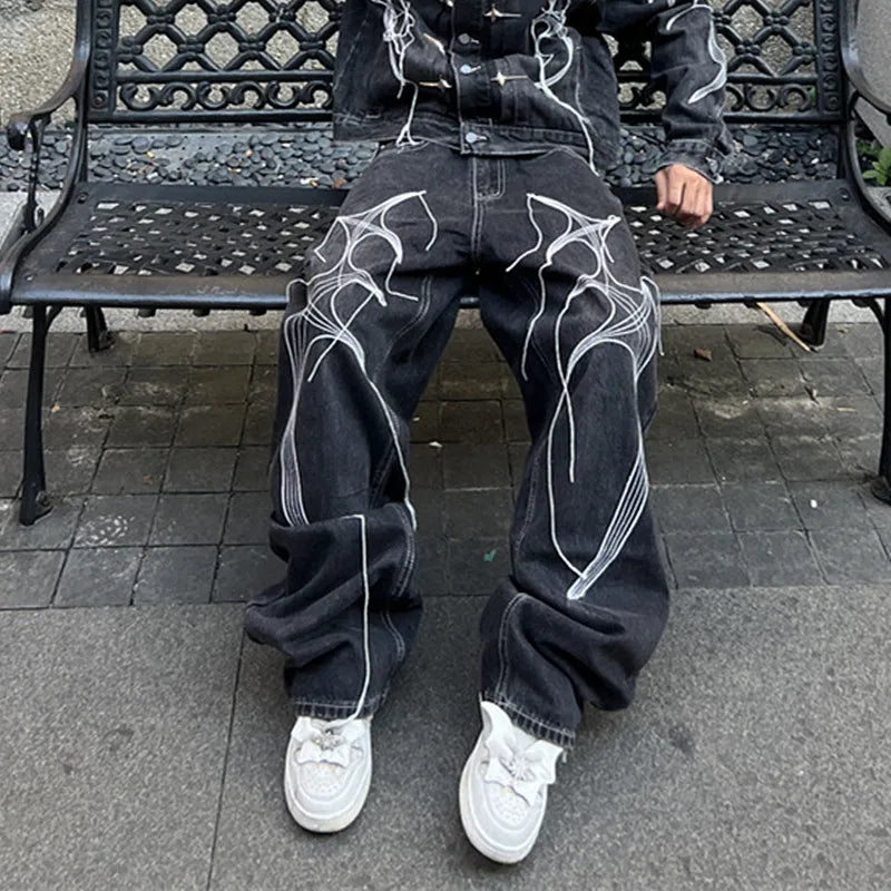Cyber Embroidery Stacked Baggy Jeans