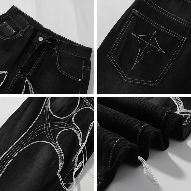 Cyber Embroidery Stacked Baggy Jeans