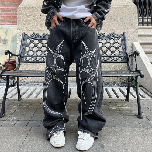 Cyber Embroidery Stacked Baggy Jeans