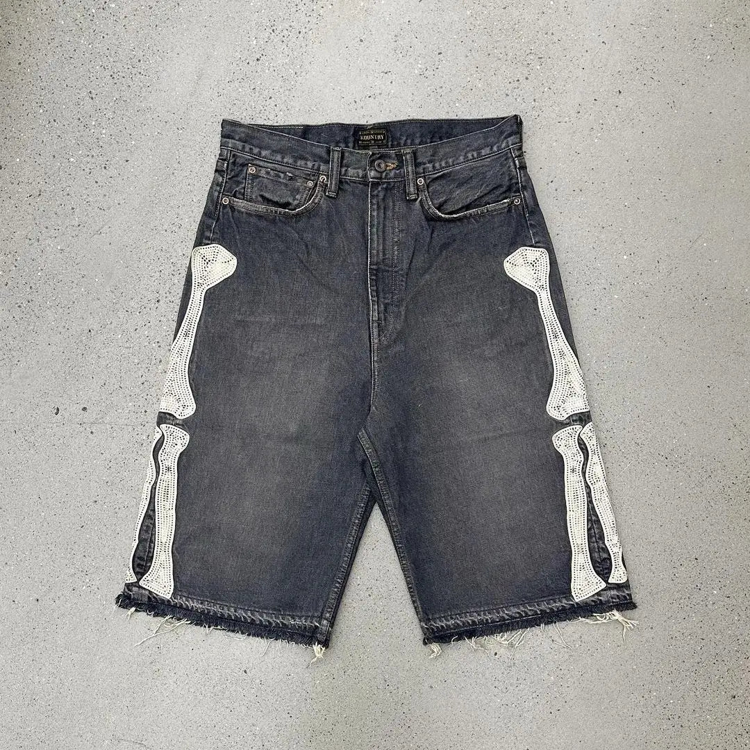 Skeleton Leg Bone Embroidered Denim Shorts Jorts