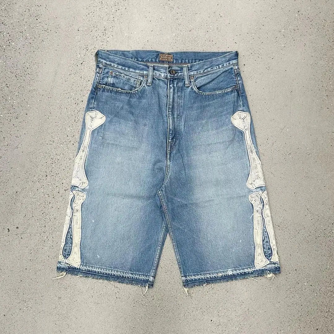 Skeleton Leg Bone Embroidered Denim Shorts Jorts