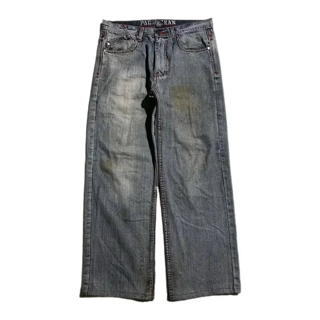 Grunge Skull Embroidery Mid Rise Jeans