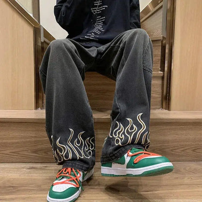 Embroidered Flame Logo Baggy Y2K Jeans