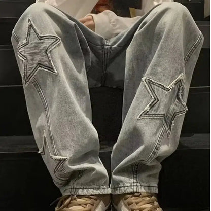 Star Embroidered Y2K Baggy Straight Leg Washed Jeans