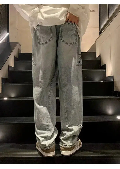 Star Embroidered Y2K Baggy Straight Leg Washed Jeans