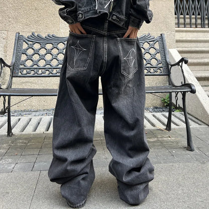 Cyber Embroidery Stacked Baggy Jeans