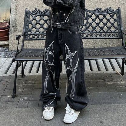 Cyber Embroidery Stacked Baggy Jeans