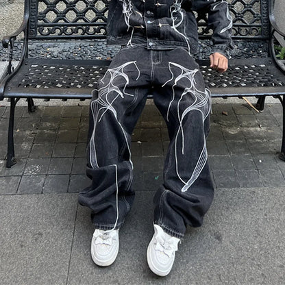 Cyber Embroidery Stacked Baggy Jeans