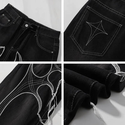 Cyber Embroidery Stacked Baggy Jeans