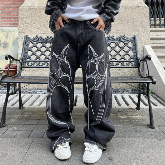 Cyber Embroidery Stacked Baggy Jeans