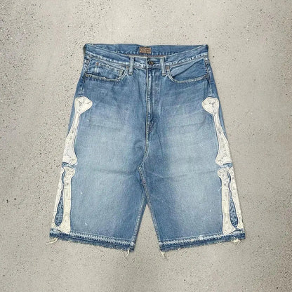 Skeleton Leg Bone Embroidered Denim Shorts Jorts