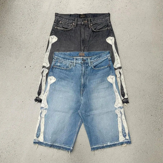 Skeleton Leg Bone Embroidered Denim Shorts Jorts
